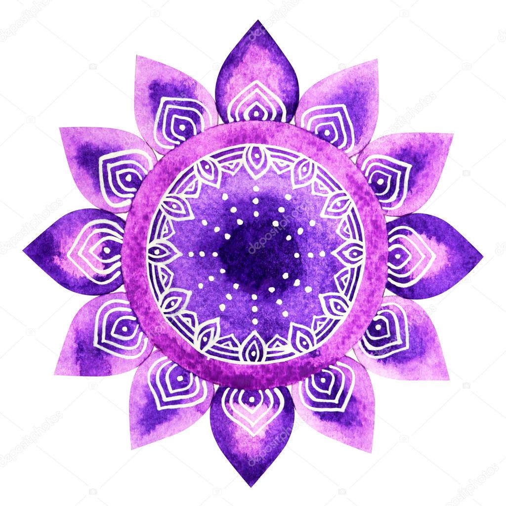 Purple color of chakra symbol crown concept, flower floral, watercolor painting hand drawn icon logo, illustration design sign