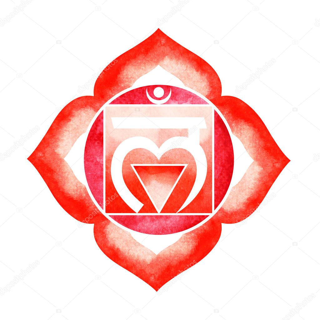 Red color of chakra symbol root concept, flower floral, watercolor painting hand drawn icon logo, illustration design sign