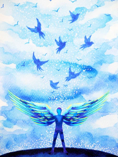 人类天使翅膀心灵天堂力量水彩画插图 — 图库照片