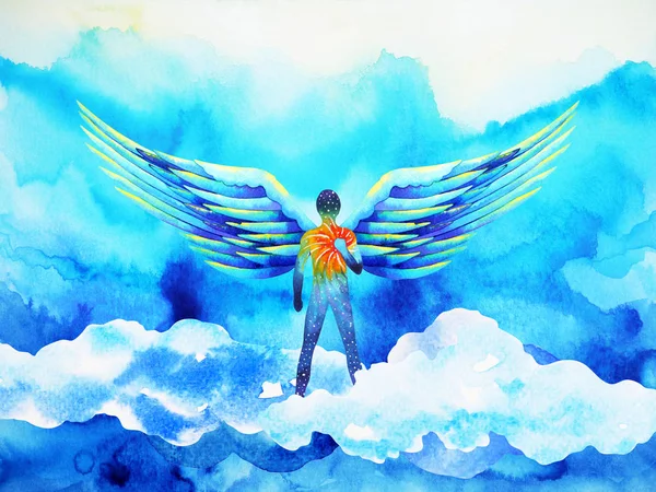 人类天使翅膀心灵天堂力量水彩画插图 — 图库照片