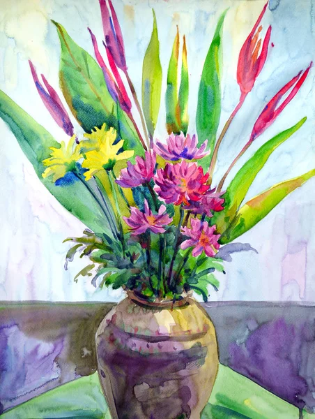 Arte flores em vaso ainda vida aquarela pintura ilustração design — Fotografia de Stock
