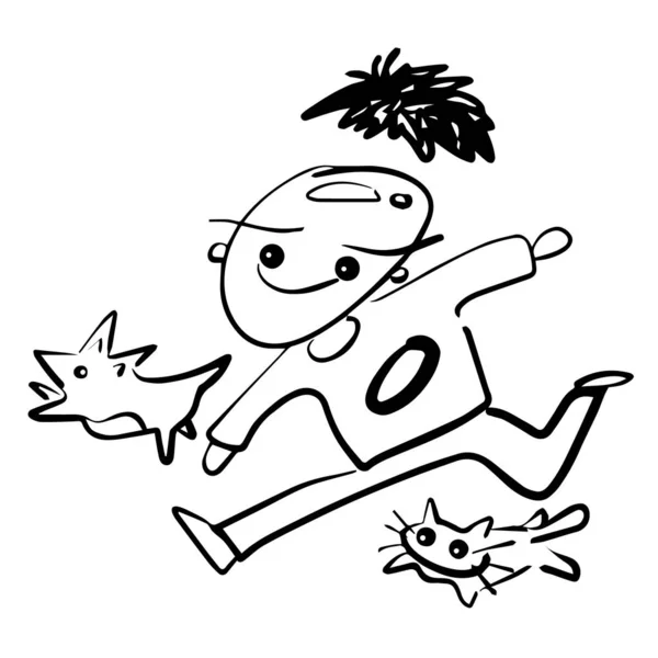 Zábavný muž pes kočka běžící vektor ilustrace návrh ruky kresba — Stockový vektor