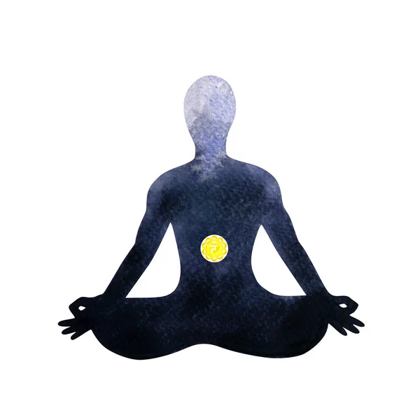 Gelbes Solarplexus Chakra menschlicher Lotus Pose Yoga, abstrakte Kunst Aquarellmalerei — Stockfoto