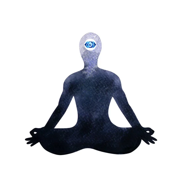 Indigo drittes Auge Chakra menschlichen Lotus Pose Yoga, abstrakte Kunst Aquarellmalerei — Stockfoto