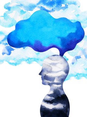 insan kafası, çakra gücü, ilham soyut düşünme suluboya boyama