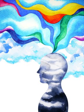 insan kafası, çakra gücü, ilham soyut düşünme suluboya boyama