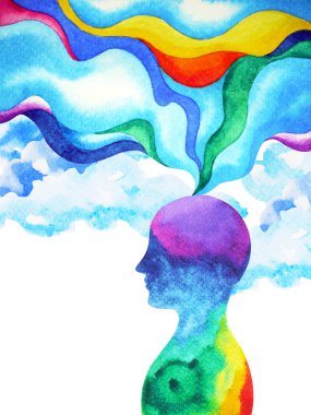 insan kafası, çakra gücü, ilham soyut düşünme suluboya boyama