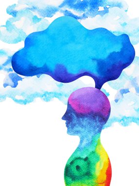 insan kafası, çakra gücü, ilham soyut düşünme suluboya boyama