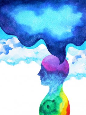 insan kafası, çakra gücü, ilham soyut düşünme suluboya boyama