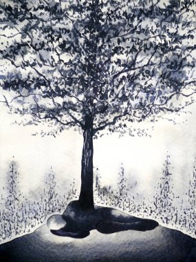 adam ağaç resim illüstrasyon doğmuş siyah suluboya