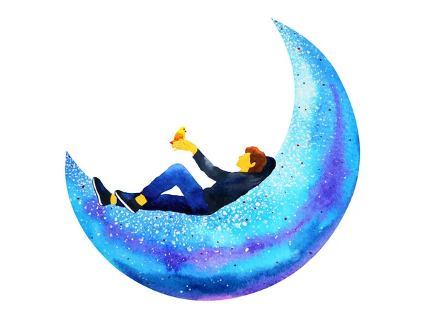 Man sitter på blå måne akvarell målning illustration design — Stockfoto