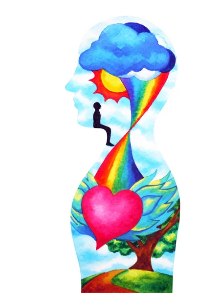 insan kafası, çakra gücü, ilham soyut düşünme suluboya boyama