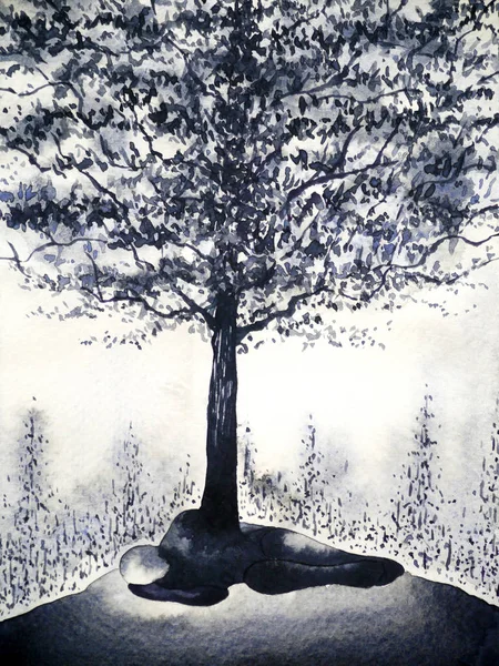 adam ağaç resim illüstrasyon doğmuş siyah suluboya