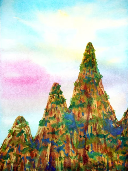 Абстрактные 3 ступени горы пики акварели пейзаж живописи — стоковое фото