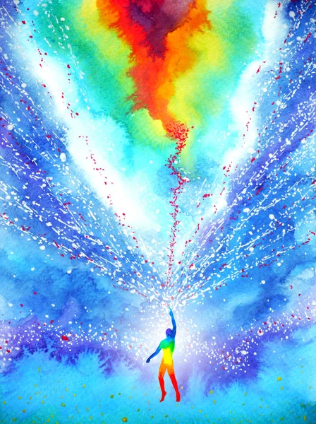 人間と精神の強力なエネルギーが宇宙に繋がる水彩画 — ストック写真