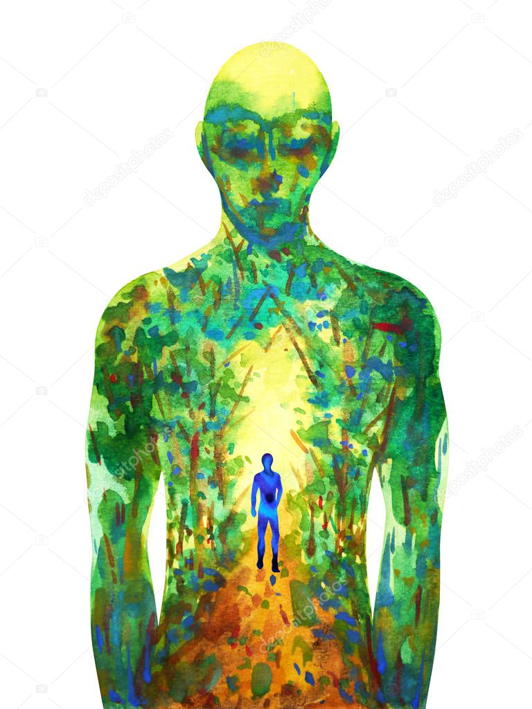 human walking forest way abstract watercolor painting illustration