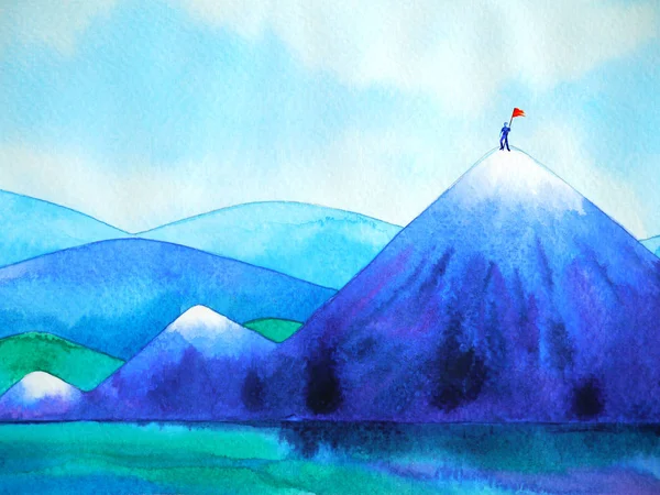 ピーク山の水彩画イラストに赤旗を持つ男 — ストック写真