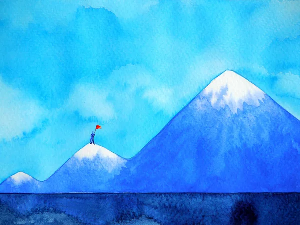 Hombre con bandera roja en la montaña pico acuarela pintura ilustración —  Fotos de Stock