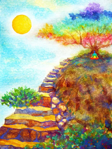 Human powerful energy meditate under colorful tree rock stair watercolor painting — Stock Photo, Image