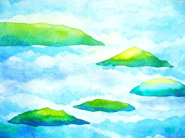 Cordillera verde entre cielo azul blanco y pintura acuarela ola oceánica —  Fotos de Stock