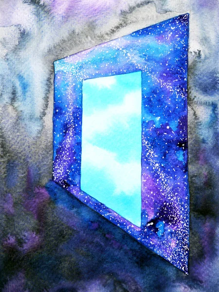 Abstrakte Kunst hellblaue Fenstertür zum Universum Aquarellmalerei — Stockfoto
