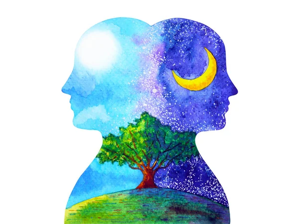 Menschliches Kopf-Chakra kraftvolle Inspiration Tag und Nacht Baum abstrakte Aquarellmalerei — Stockfoto