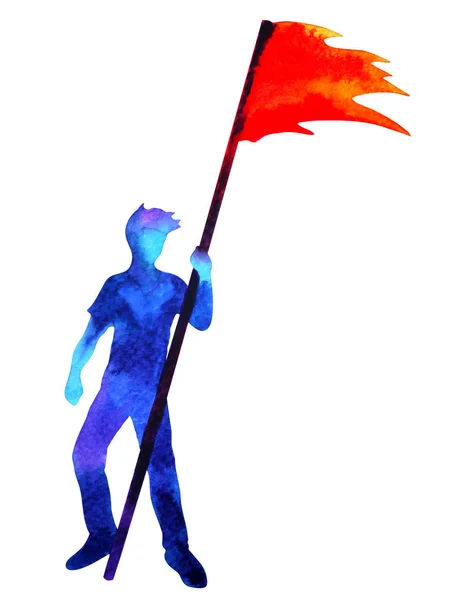 Emberi kék test kéz fel pózol a piros zászló, absztrakt akvarell festmény — Stock Fotó