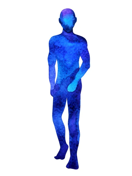 Cuerpo humano azul de pie pose, acuarela abstracta pintura dibujo a mano — Foto de Stock
