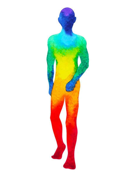 İnsan renkli çakra vücut ayakta poz, soyut suluboya boyama — Stok fotoğraf