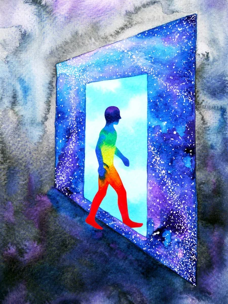 abstract art human walking through light blue window door to universe