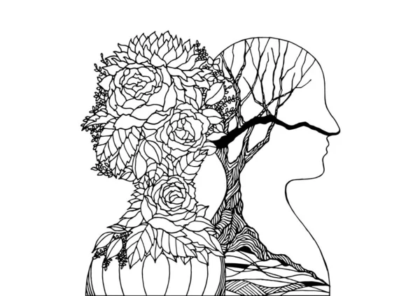 人間の頭の花と乾いた木、春の秋の精神力エネルギー抽象アートイラスト — ストックベクタ