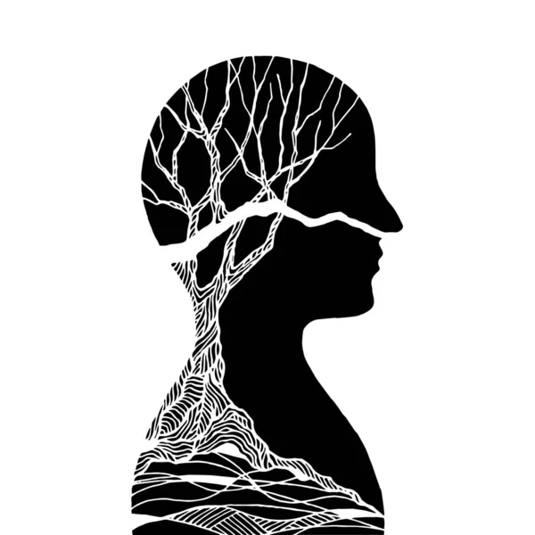 Αφηρημένο νεκρό δέντρο ανθρώπινο κεφάλι διαταραχή κατάθλιψη διάνυσμα αφηρημένη εικόνα τέχνης — Διανυσματικό Αρχείο