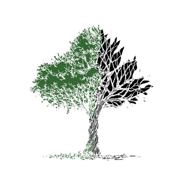 Árbol abstracto media licencia y rama seca, primavera otoño mano dibujar vector ilustración diseño — Archivo Imágenes Vectoriales