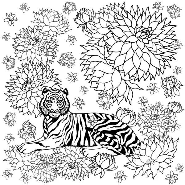 รูปแบบเสือและดอกไม้ ความแตกต่างของเวกเตอร์ การออกแบบภาพประกอบนามธรรม การวาดด้วยมือ — ภาพเวกเตอร์สต็อก