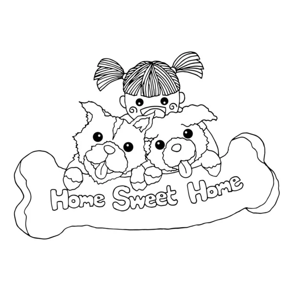 Meisje en honden Home Sweet Home vector illustratie ontwerp handtekening — Stockvector