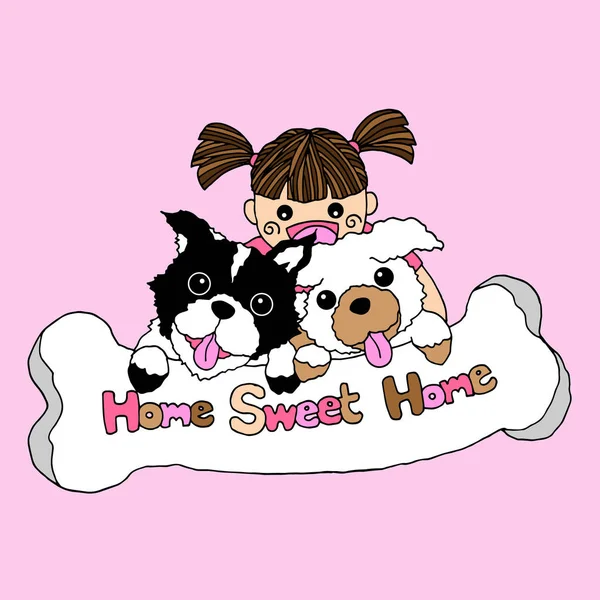 girl and dogs home sweet home vector illustration design hand drawing