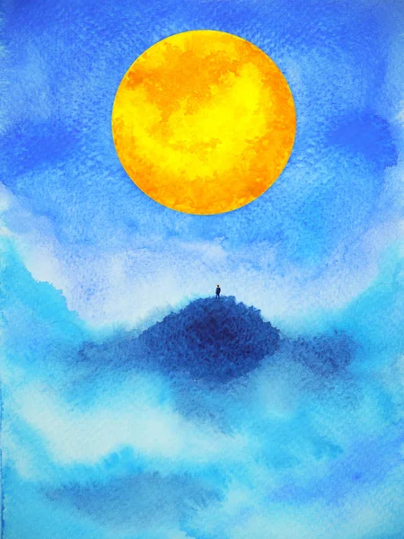 human on top mountain abstract spiritual mind power full moon watercolor painting illustration design
