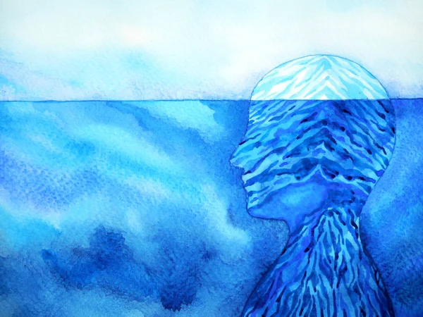 Gunung es abstrak kepala manusia pikiran spiritual lukisan cat air desain ilustrasi — Stok Foto