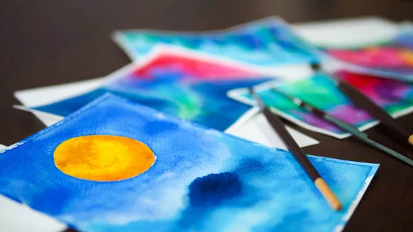 Aquarel schilderij kunst abstract focus op gele volle maan — Stockfoto