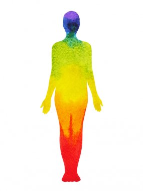 Dağ poz yoga, 7 renkli çakra suluboya boyama, el çizilmiş illüstrasyon