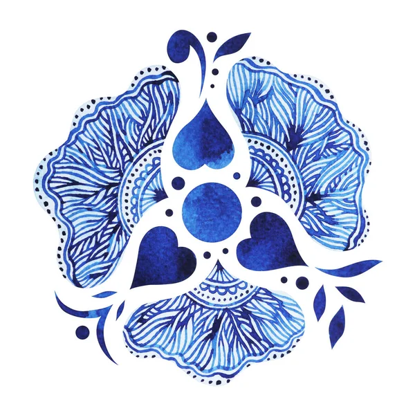 Niebieski biały Mandala symbol koncepcja, kwiat kwiatowy, akwarela malarstwo — Zdjęcie stockowe