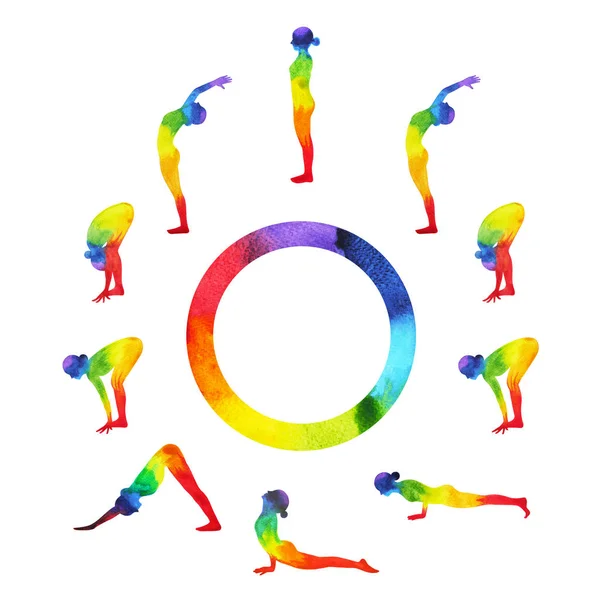 Sonnengruß a, surya namaskar eine Sequenz, Aquarellmalerei — Stockfoto