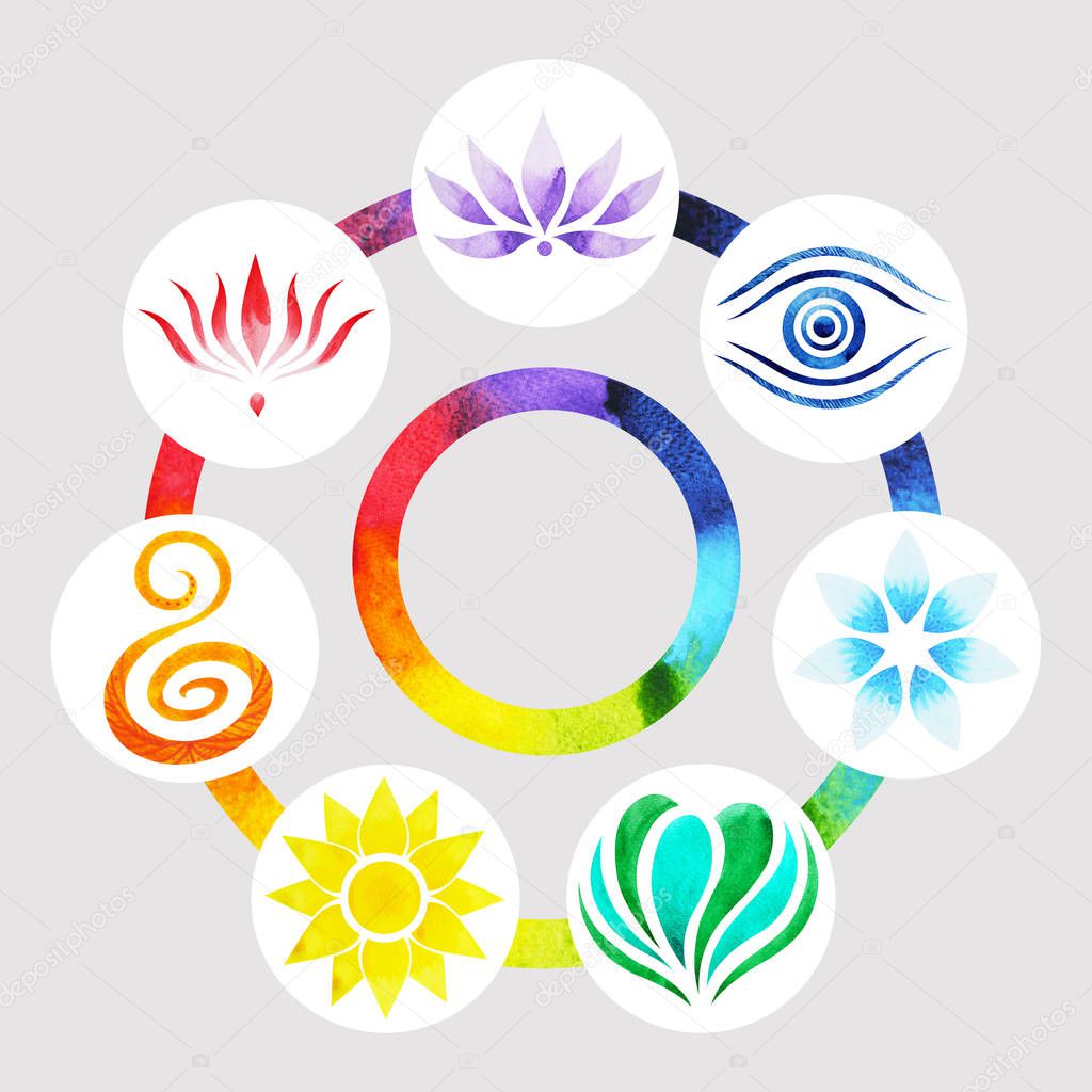 7 color of chakra symbol concept, flower floral, watercolor painting hand drawn icon logo, illustration design sign