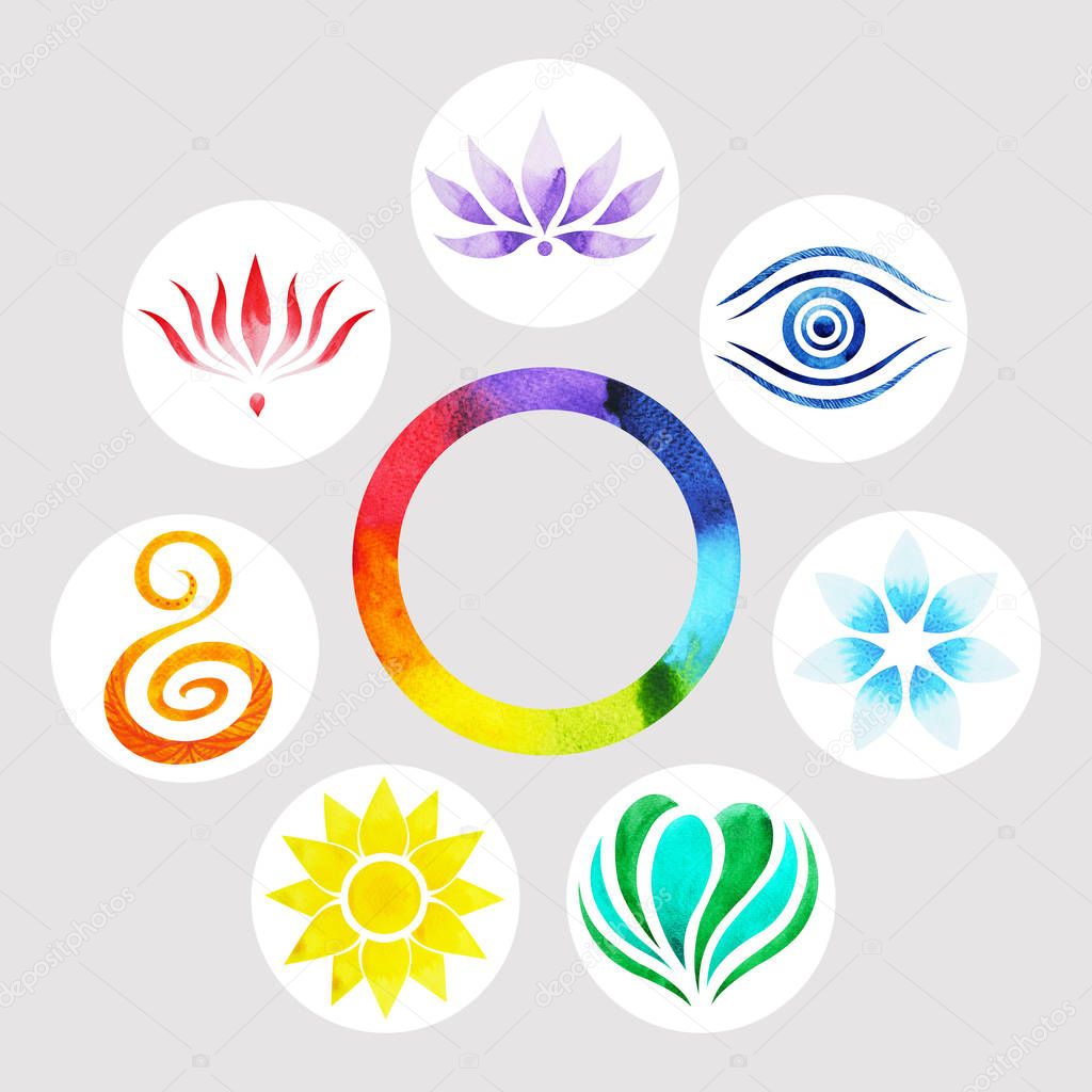 7 color of chakra symbol concept, flower floral, watercolor painting hand drawn icon logo, illustration design sign