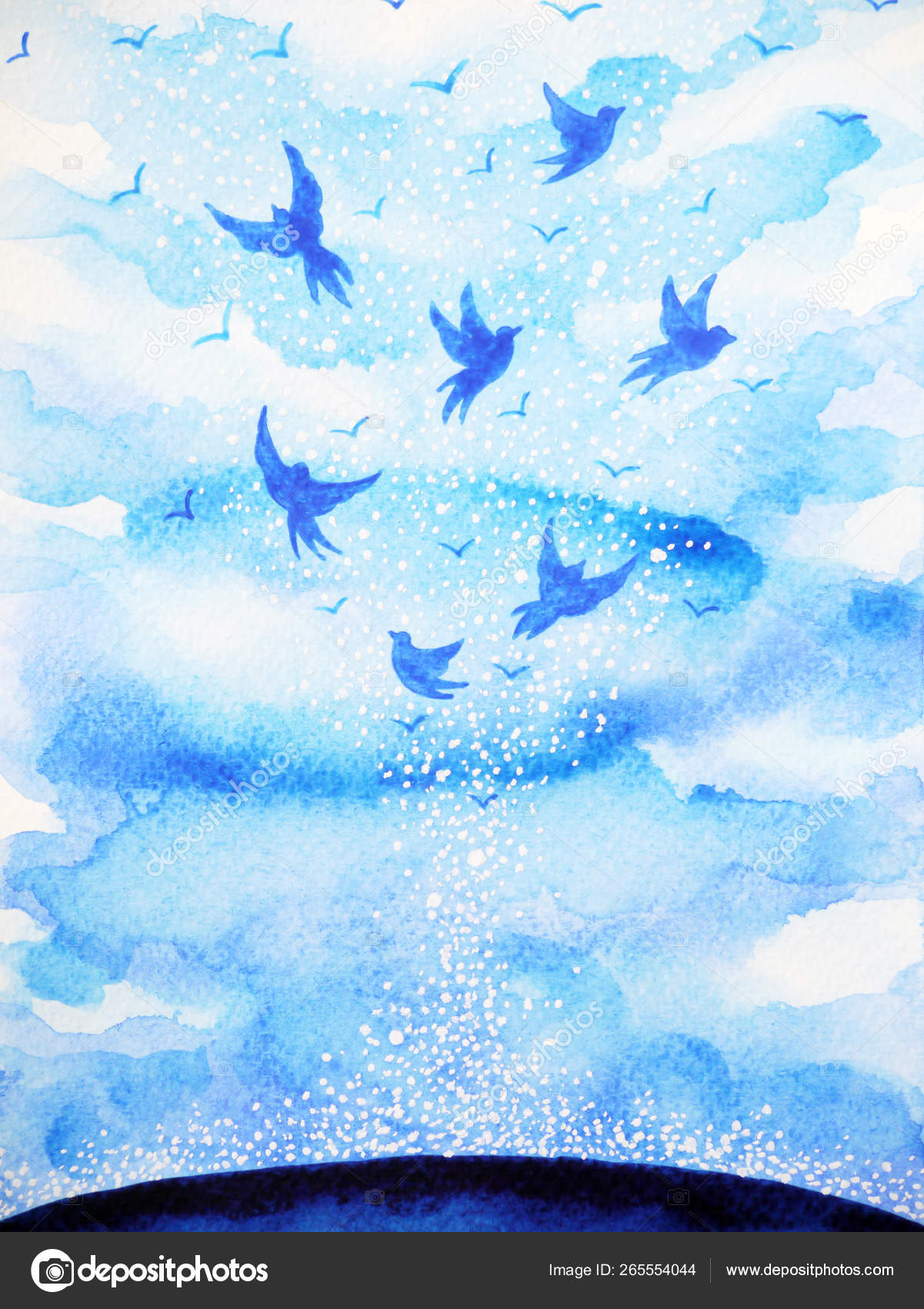 Oiseaux volants libres, esprit détendu avec ciel ouvert, aquarelle abstraite  peinture — Illustration de stock par ©february.boxroom@gmail.com - 265554044, image size:1201x1700