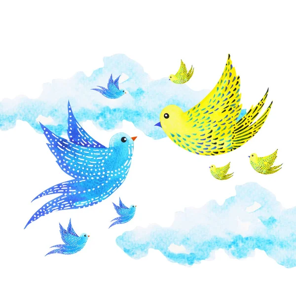 かわいいカップルの恋人無料の鳥が空を飛ぶ、水彩画イラスト — ストック写真