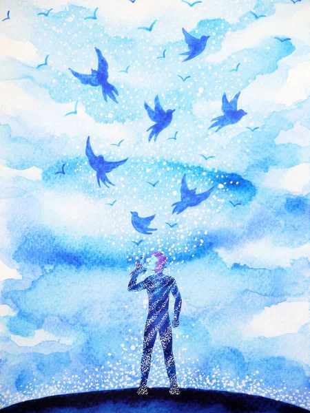 Man and flying birds free, relax mind with open sky, abstract watercolor painting