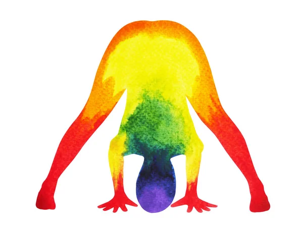 Breitbeinige Vorwärtsbeugehaltung Yoga, 7-farbige Chakra-Aquarellmalerei — Stockfoto