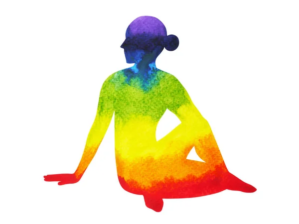 Mitad Señor de los Peces Pose yoga, 7 color chakra acuarela pintura — Foto de Stock