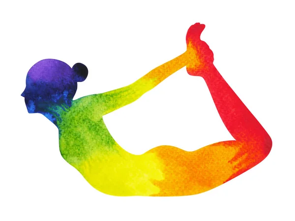 Bogen Pose Yoga, 7 Farben Chakra Aquarell Malerei handgezeichnete Illustration — Stockfoto